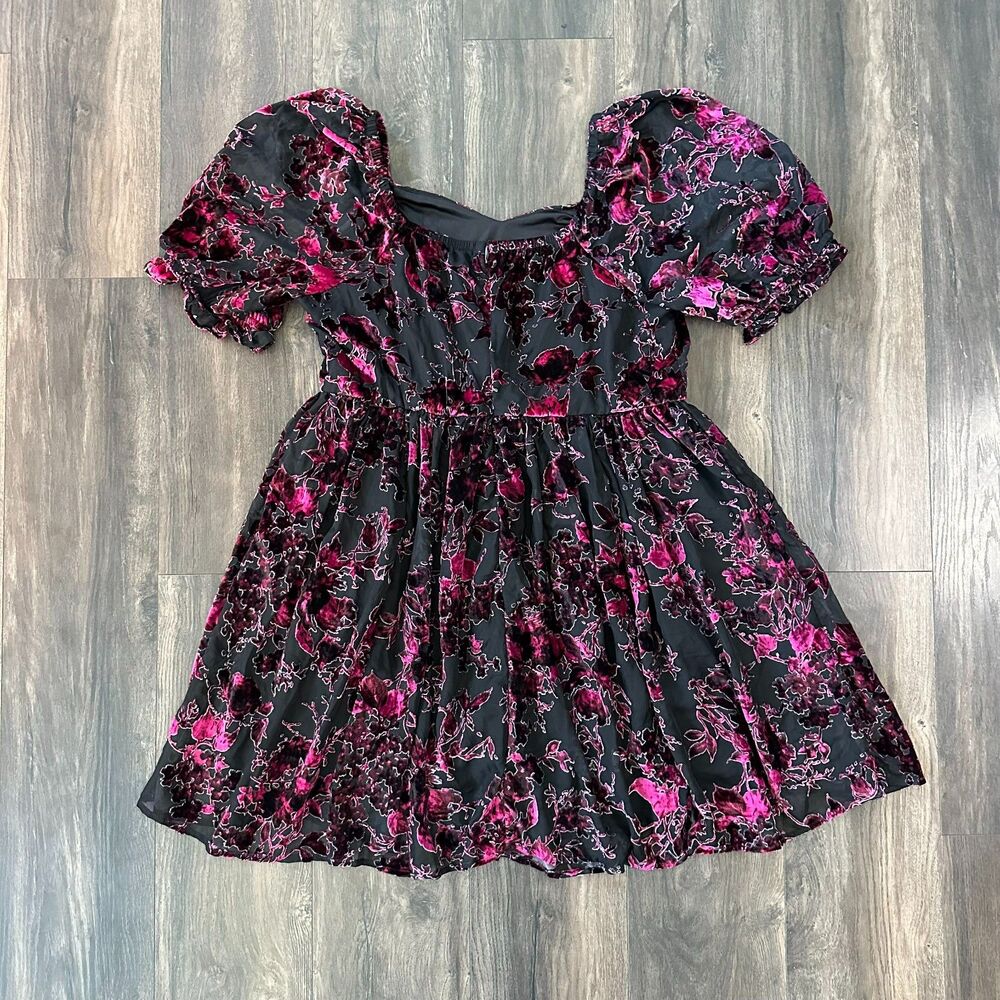 Torrid Burnout Velvet Babydoll Mini Dress Magenta Floral Puff Short Sleeve Sz 16